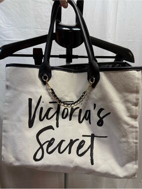 Victorias Secret Oversized Canvas Tote Bag Black White Chain Handle Beach Travel